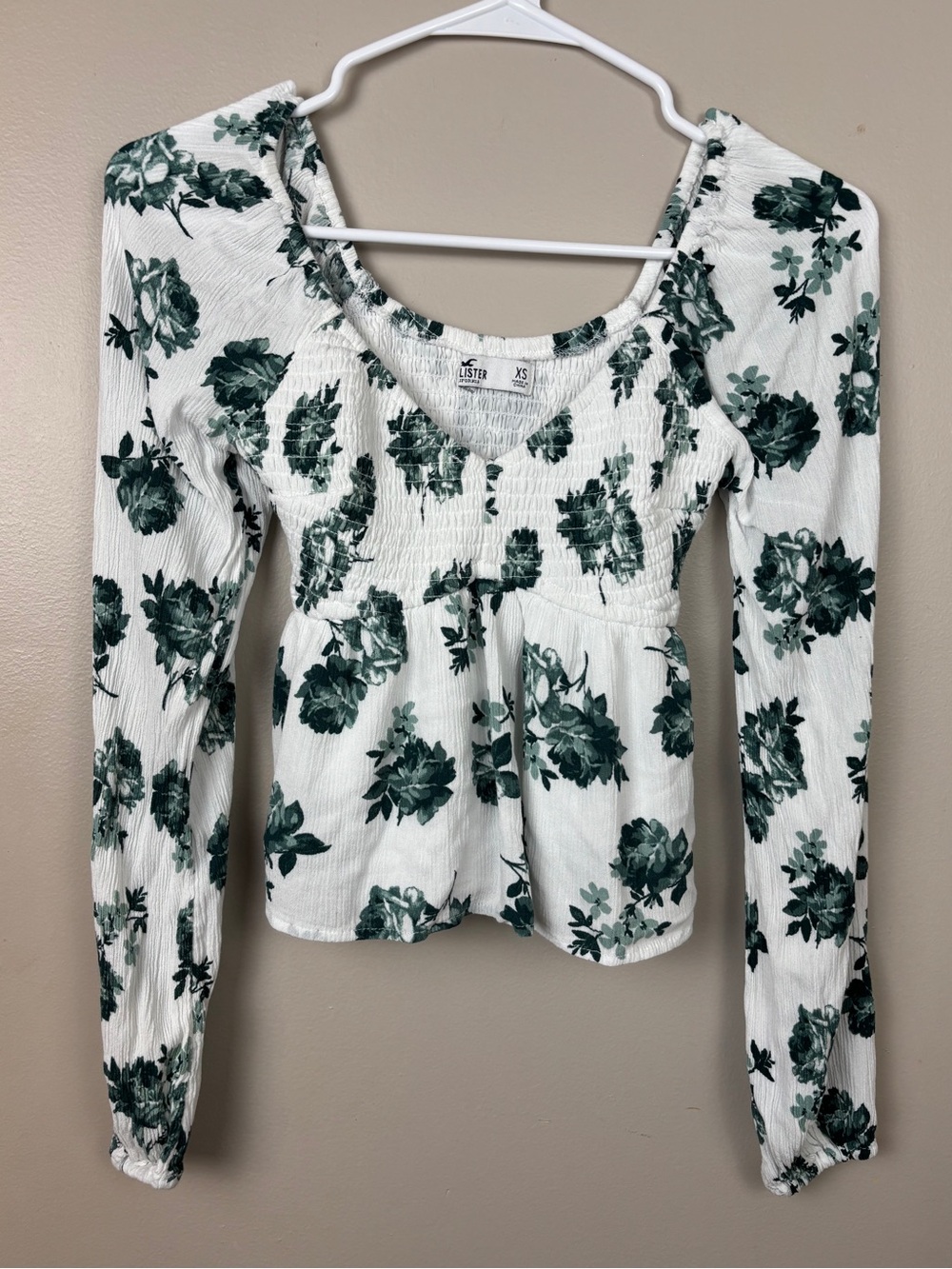 Hollister White Long-Sleeve Smocked Top with Dark Green Floral Print